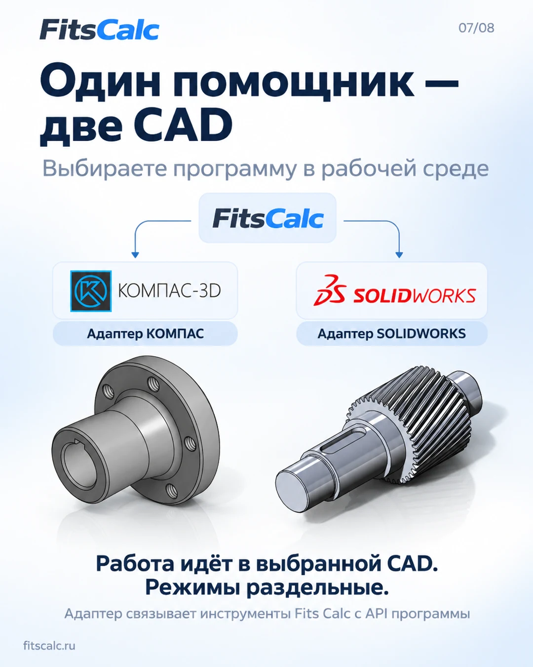 Один помощник может работать с разными CAD через разные адаптеры. Инфографика FitsCalc — схема архитектуры, а не подтверждение полной эквивалентности функций.